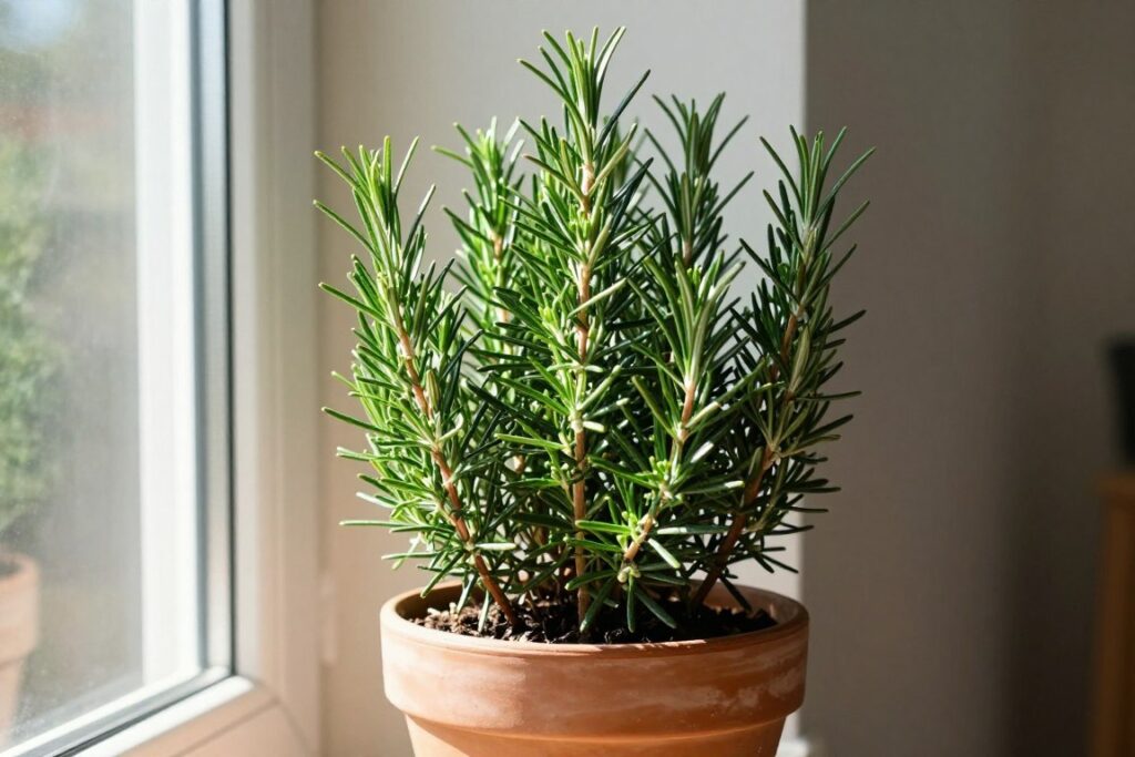 rosemary herb plant in pot indoors with needle-like leaves