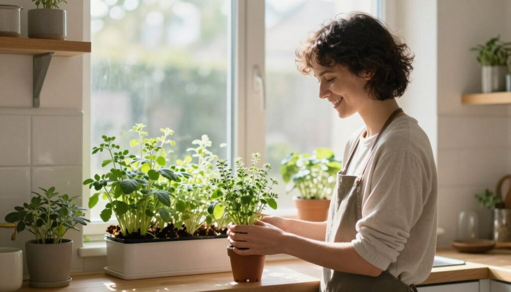 satisfied gardener with thriving indoor herb garden space in small apartment