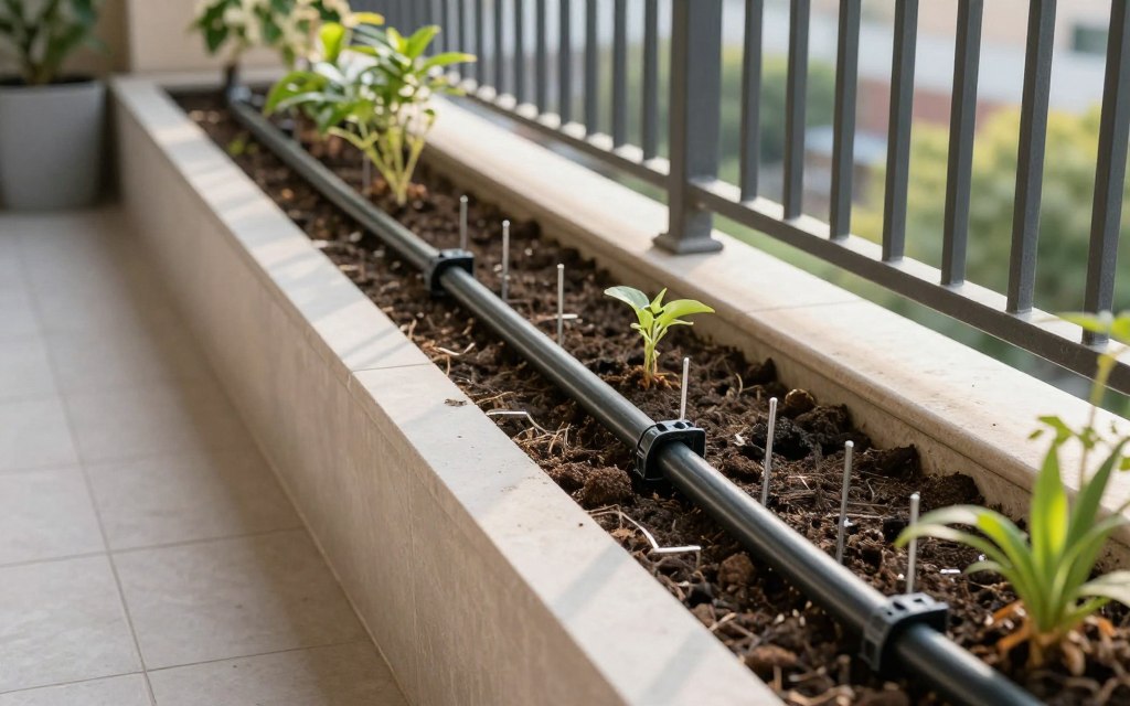 securing irrigation tubing with stakes on balcony securing irrigation tubing with stakes on balcony