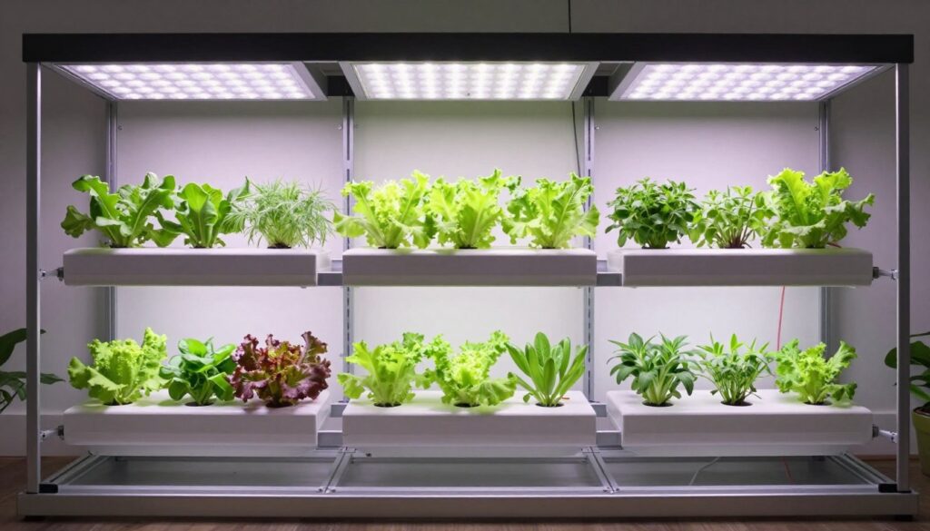 serious hobby NFT hydroponic system with multiple channels and LED lighting