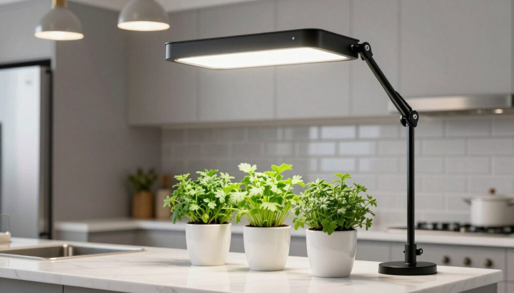 stylish modern grow light with adjustable arms illuminating herbs on elegant kitchen counter with marble backsplash