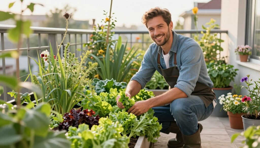 thriving established balcony garden with happy gardener thriving established balcony garden with happy gardener