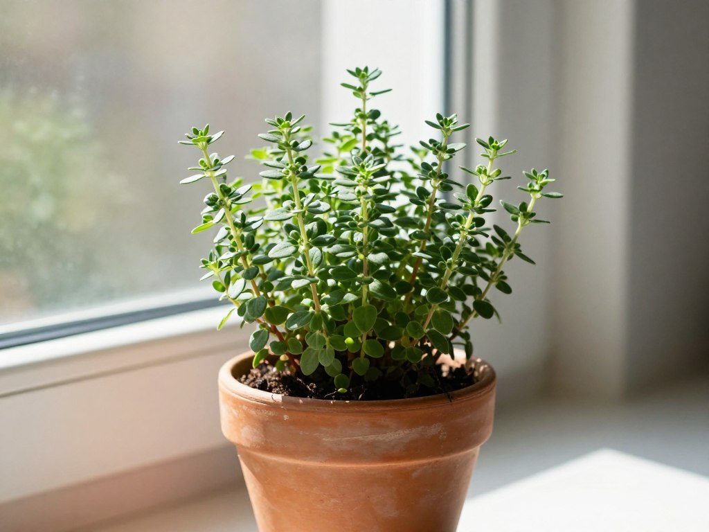 thyme plant growing indoors near sunny window