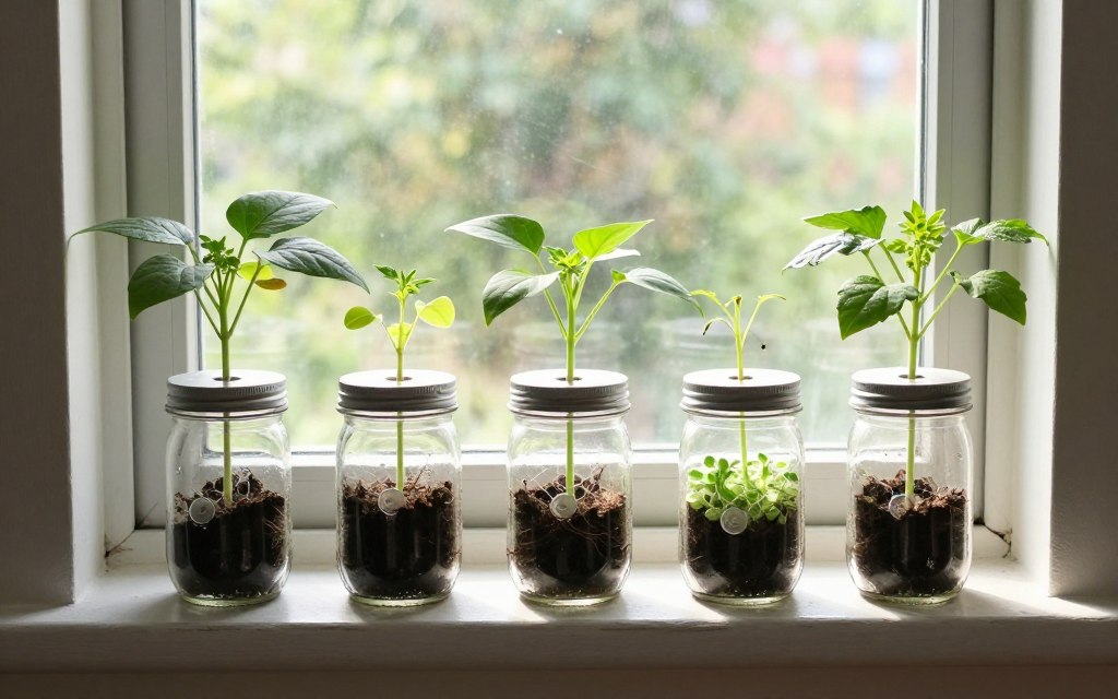 ultra-budget DIY kratky hydroponic setup on windowsill
