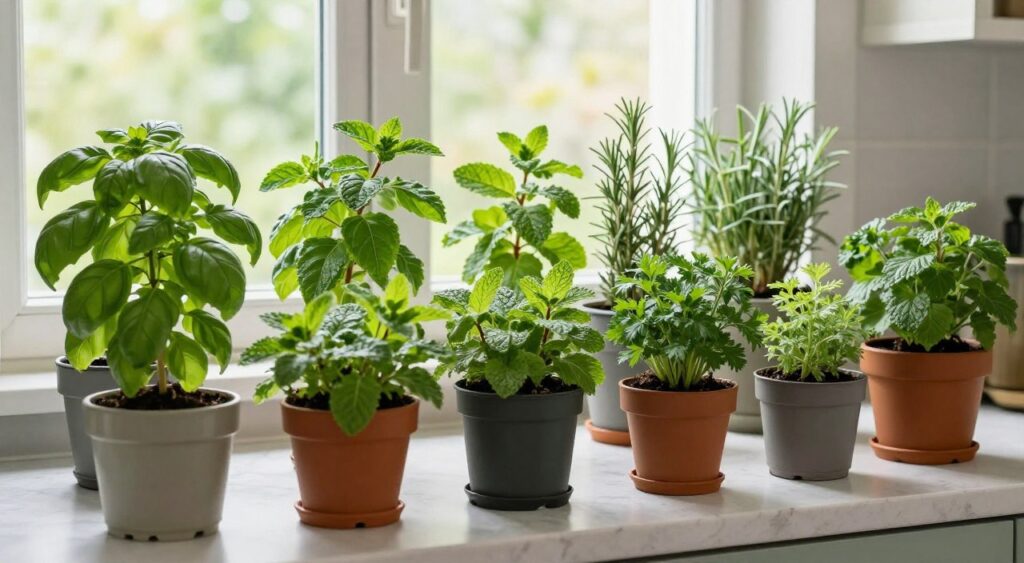 variety of healthy indoor herbs including basil mint rosemary and parsley