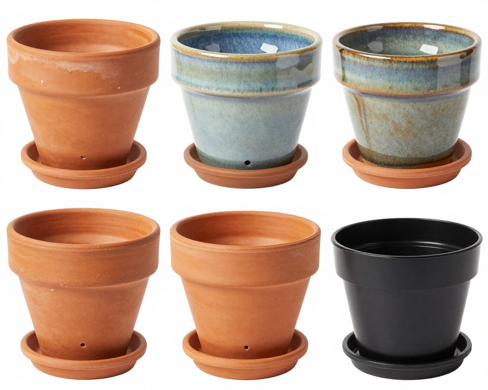 variety of herb containers showing drainage holes terra cotta ceramic and plastic options