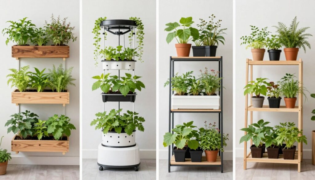 various indoor herb garden space configurations showing different factors