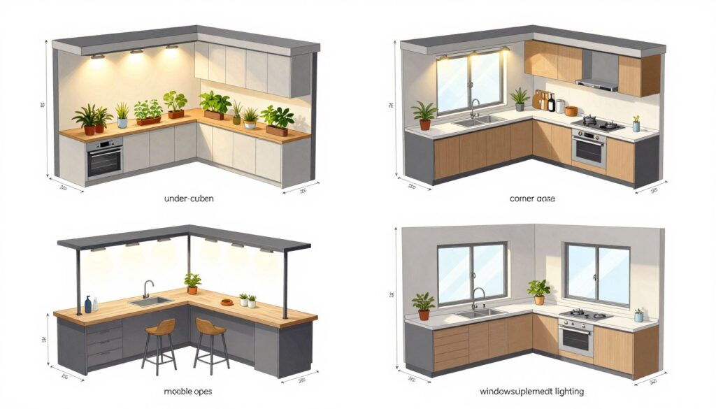 various kitchen counter layouts showing different grow light placement options and space requirements