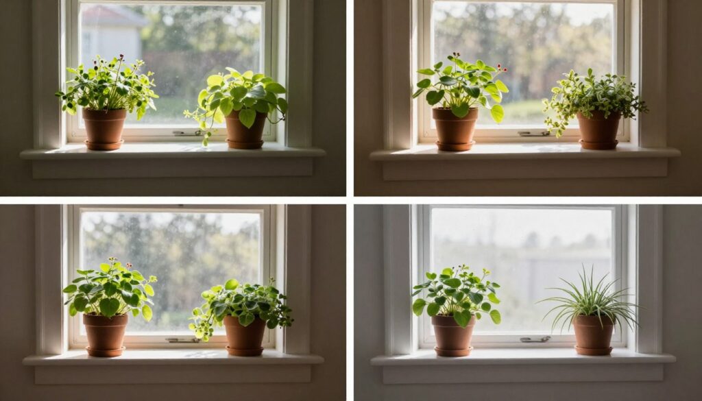 various windowsill locations in home showing different light exposures for indoor herb gardens