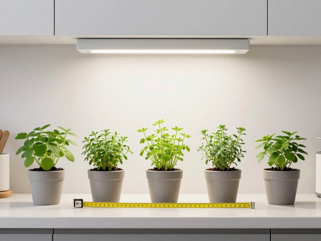 well-organized kitchen counter herb garden with proper spacing and lighting setup